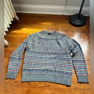J.Crew Mens Fair Isle 100% Lambswool Blend Crewneck Sweater Grey Blue Red Size L